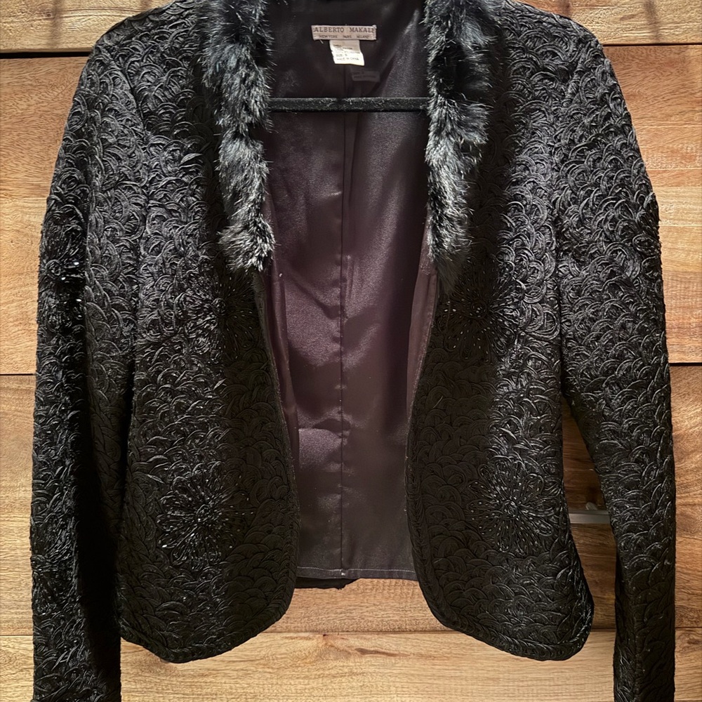 Alberto Makali Black Textured Blazer with Fur Trim